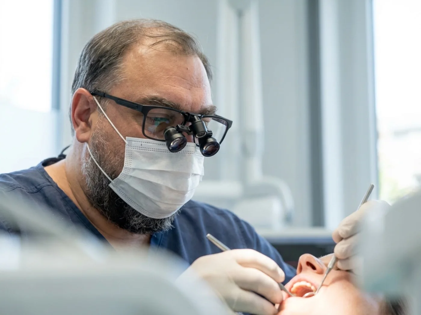 Roland Aschenbrenner bei der Behandlung mit Lupenbrille